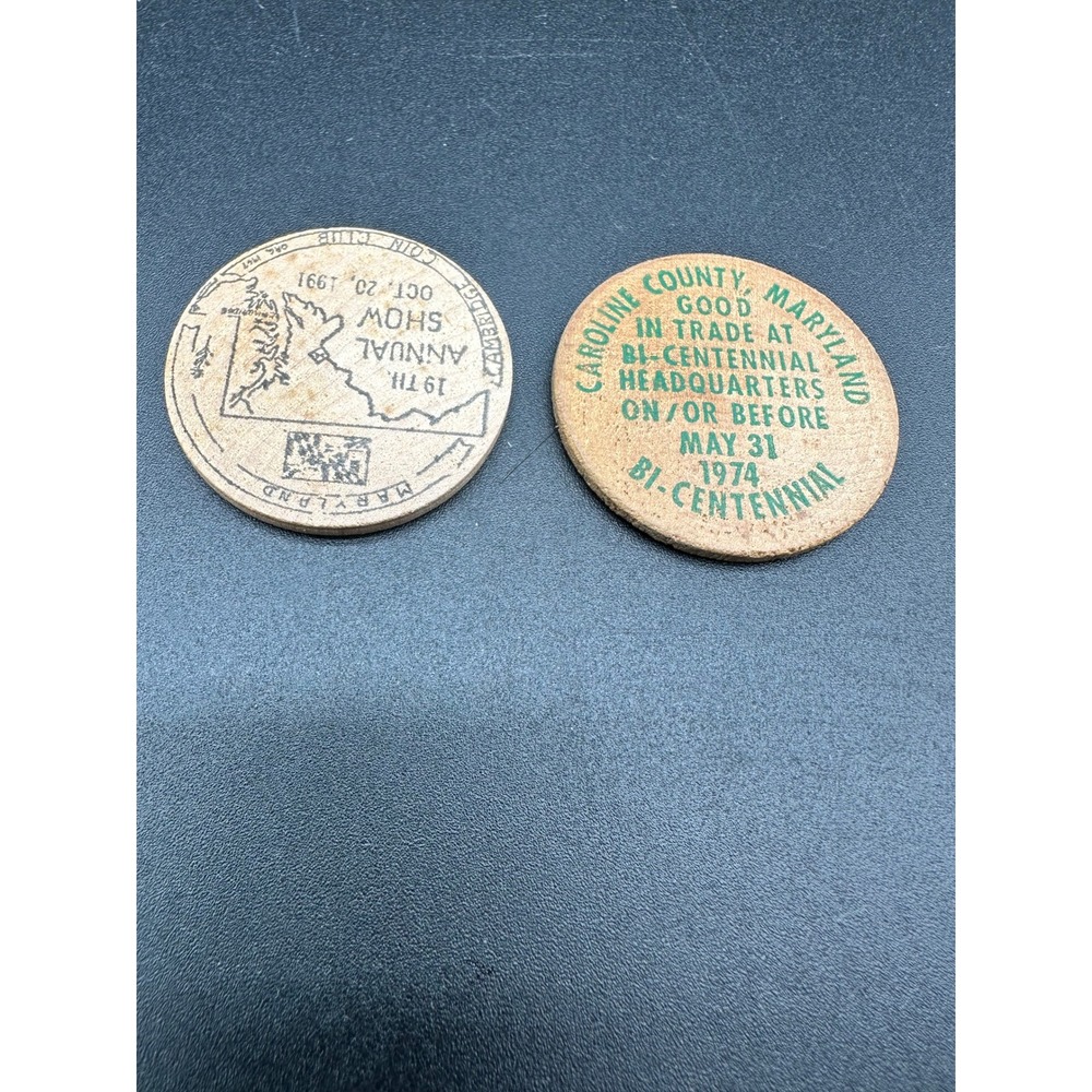 Vintage‎ Wooden Trade Token Pair Maryland 1974 Bicentennial & 1991 Coin Show
